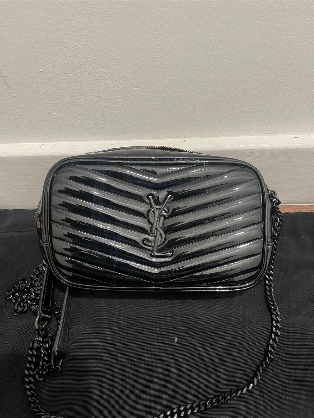 Yves Saint Laurent Glossy Black Chevron Camera Bag